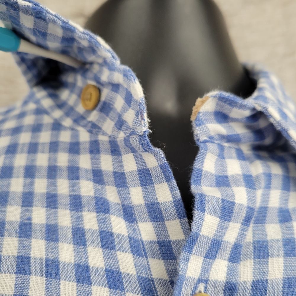 Murano Baird McNutt Linen Blue White Gingham Short Sleeve Button Down Shirt - Picture 2 of 10